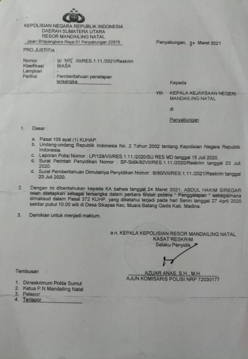 Cakades Sikapas Tersangka, Kadis PMD Madina Minta Untuk Mundur