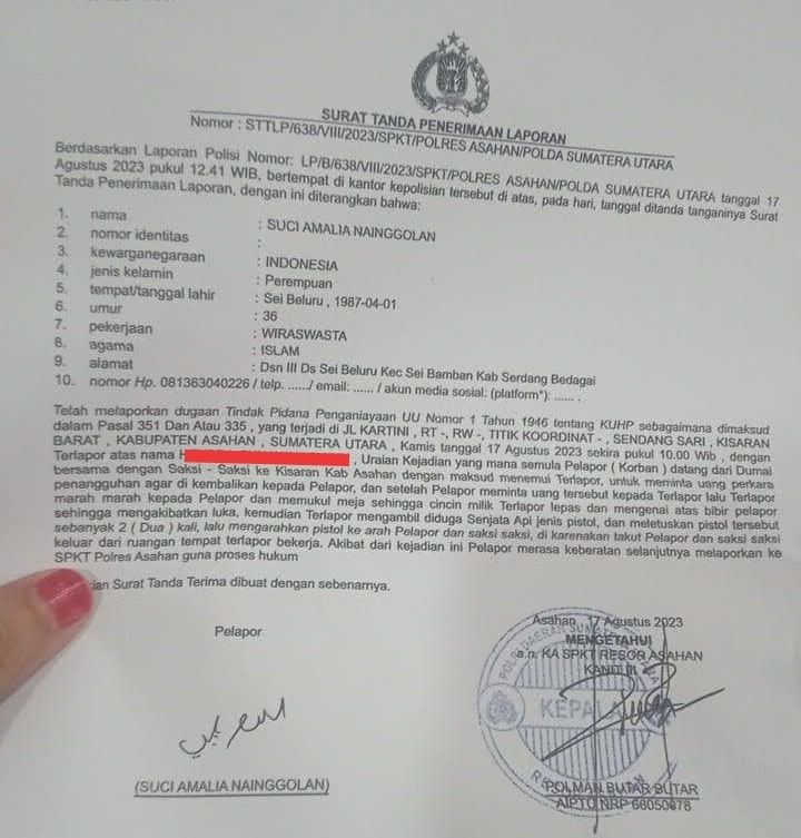 Tak Terima Diancam Pakai Senjata Api, Suci Amalia Nainggolan Laporkan Oknum Ketua DPD Partai di Asahan