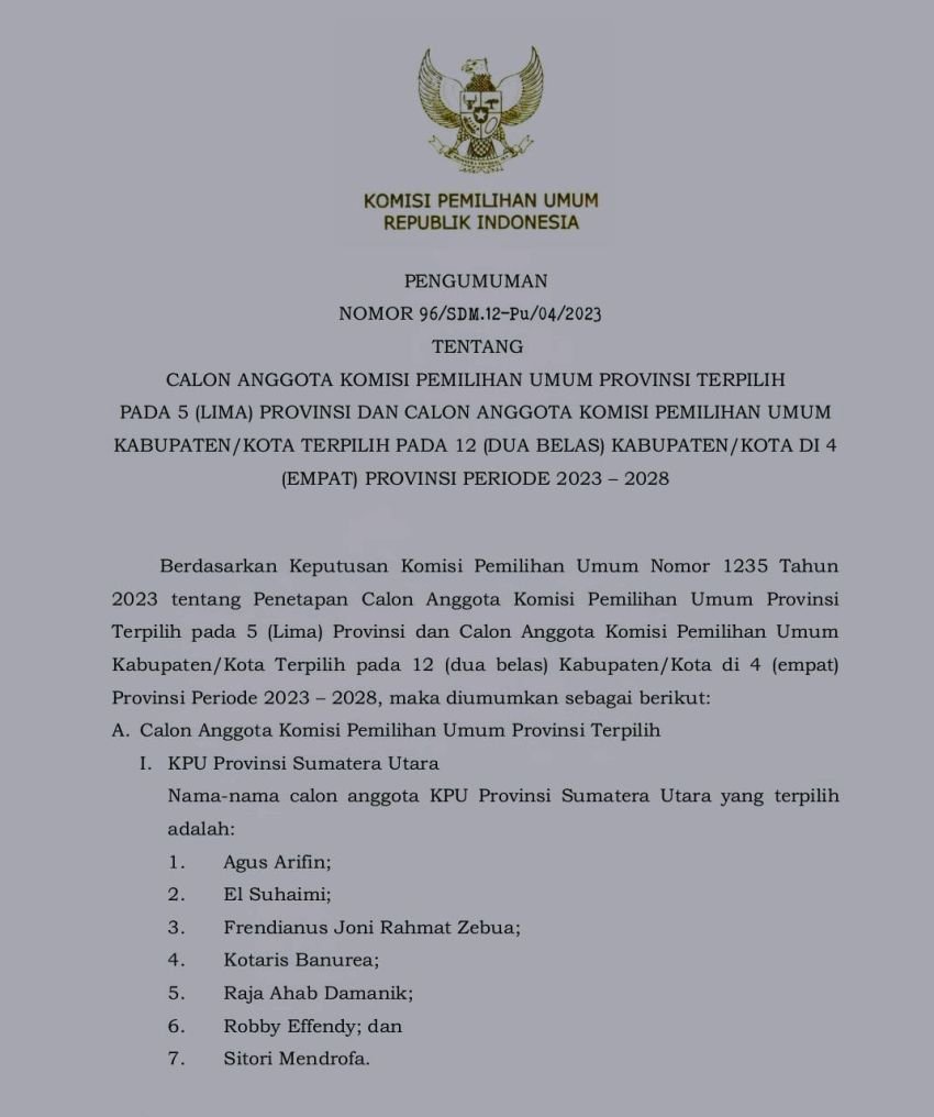 Ini Daftar Nama 7 Anggota KPU Sumut Periode 2023-2028 Terpilih