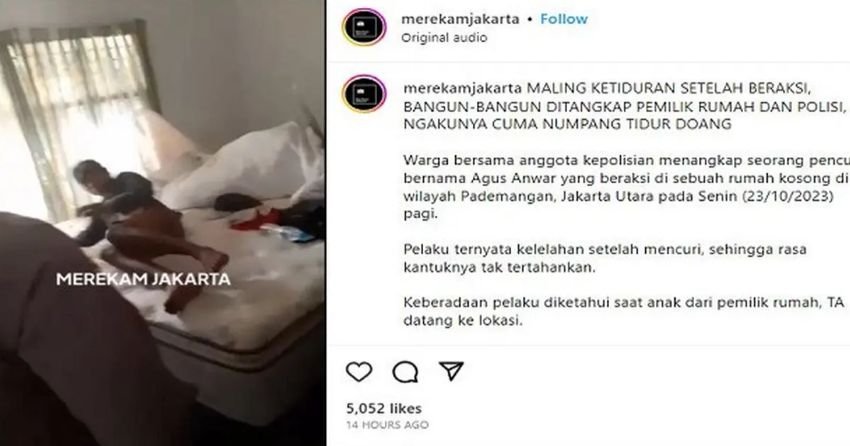 Maling Ketiduran Dibangunkan Polisi dan Warga Viral di Media Sosial