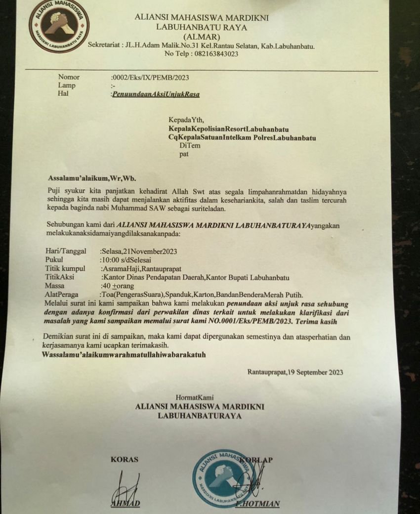 Aksi Unjukrasa Dugaan Pungli di Dispenda Labuhanbatu Ditunda, Isu Dugaan Terima Suap Tersiar