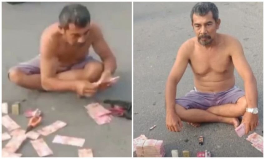 Heboh Pria Paruh Baya di Tapteng Duduk di Tengah Jalan Pamer Uang Ratusan Juta