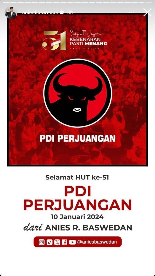 Anies Baswedan Ucapkan Selamat Ultah ke PDIP, Ada Sinyal Koalisi