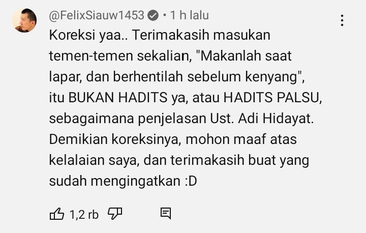Klarifikasi Ustaz Felix Siauw soal Makan Sebelum Lapar dan Berhenti Sebelum Kenyang, Itu Hadits Palsu!