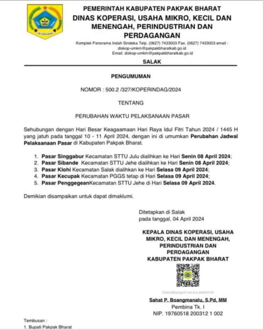 Diskop UMKM Dan Perindag Pakpak Bharat Umumkan Perubahan Waktu Pelaksanaan Pasar Di Pakpak Bharat