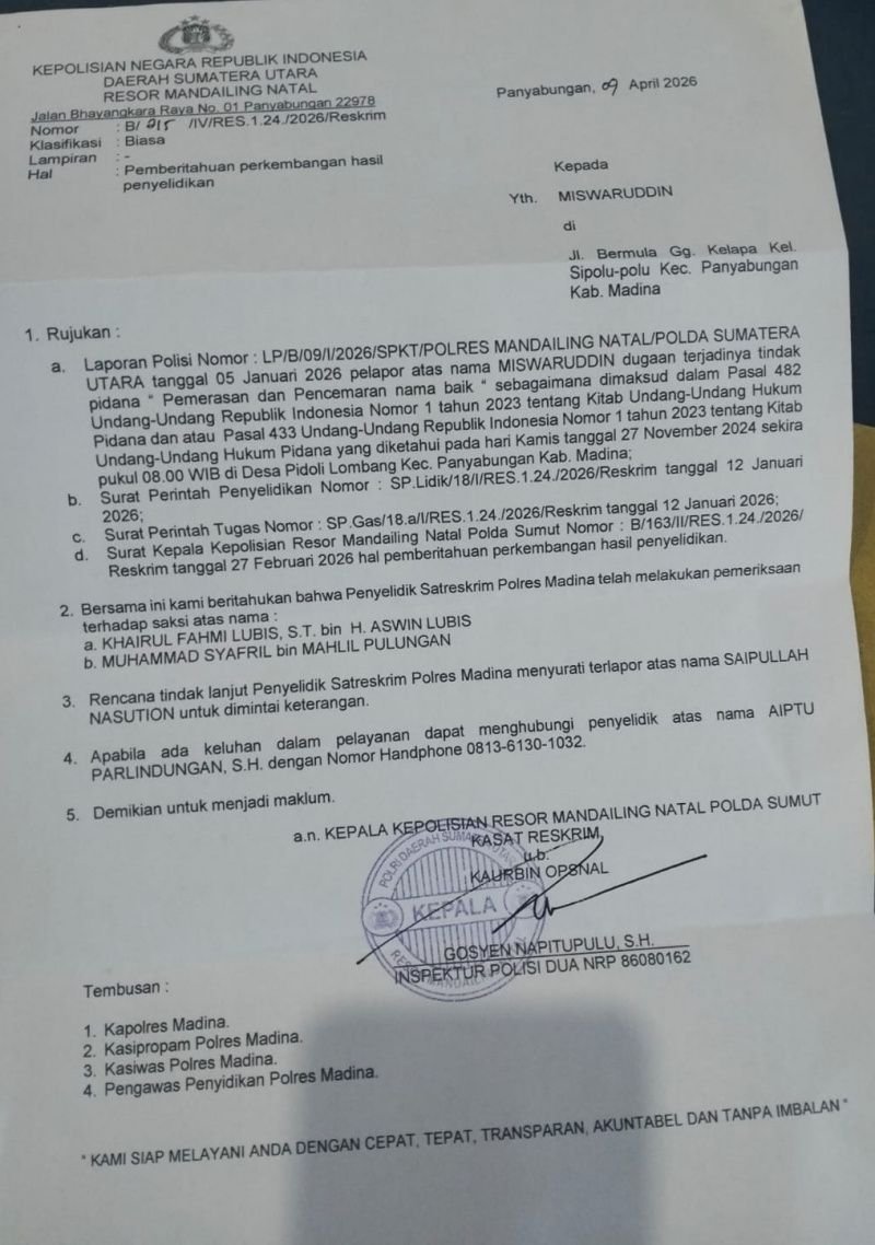 TGSC Terima SP2HP Terkait Pemeriksaan Saipullah Nasution