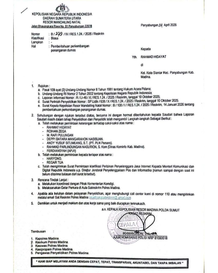 Lamban, PT. Azkyal Network Surati Polres Madina Terkait Dumasnya
